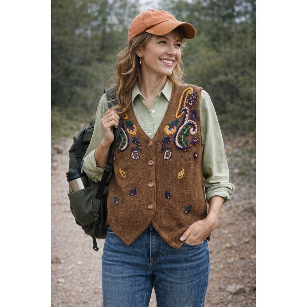 Vtg Orvis Embroidered Paisley Knit Vest Brown Ramie Cotton Women's M